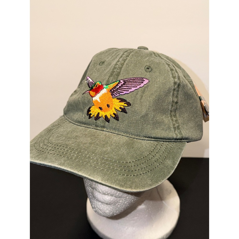 Eco Headwear Rufous Hummingbird Embroidered Dad Hat Olive Green Cotton Adj Cap